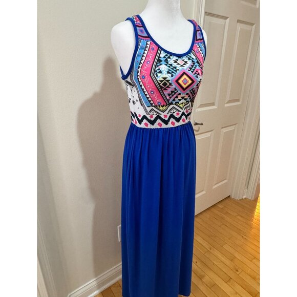 Boho Aztec Print Tank Maxi Dress Blue & Multicolor Sleeveless Scoop Neck Medium - Picture 4 of 5